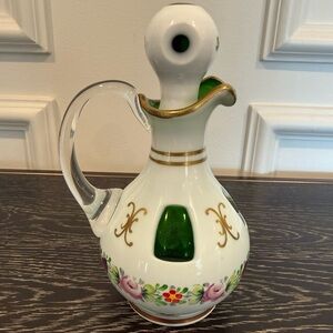Bohemian Cut to Clear Cruet Cased Green Glass